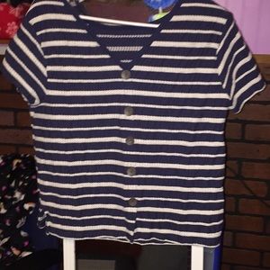 Navy blue and white stripped shirt.